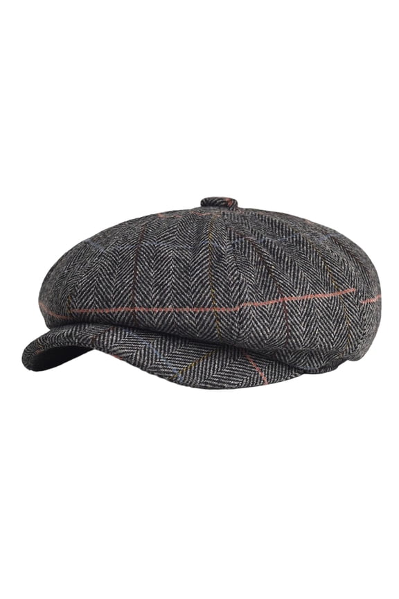 Men’s Newsboy Cap Herringbone Wool Plaid Pattern Octagonal Cap Classic Vintage Adjustable Casual Hat