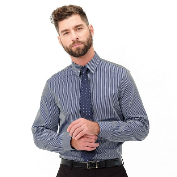 Men's Nick Graham Modern-Fit Stretch Dress Shirt & Tie Set Color: Navy Gray Stripe Size: S 32-33