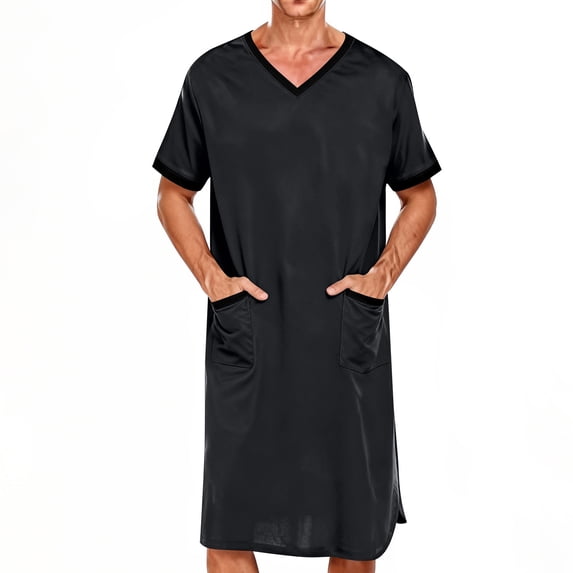 Men's Nightgown V Neck Short Sleeve Color Block Sleepwear Casual Loose Comfy Soft Pajamas With Pockets (XL, Black)