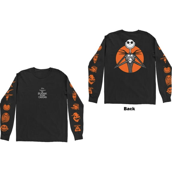 Men's Nightmare Before Christmas All Characters Orange (Back & Sleeve Print) Long Sleeve Large Black