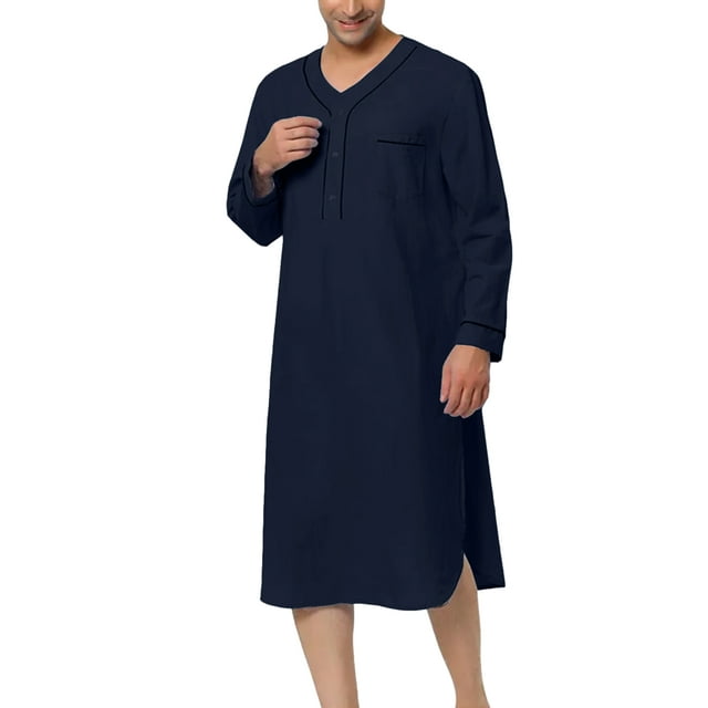 Men's Nightshirt Cotton Sleep Shirt Long Sleeves Henley Nightgown