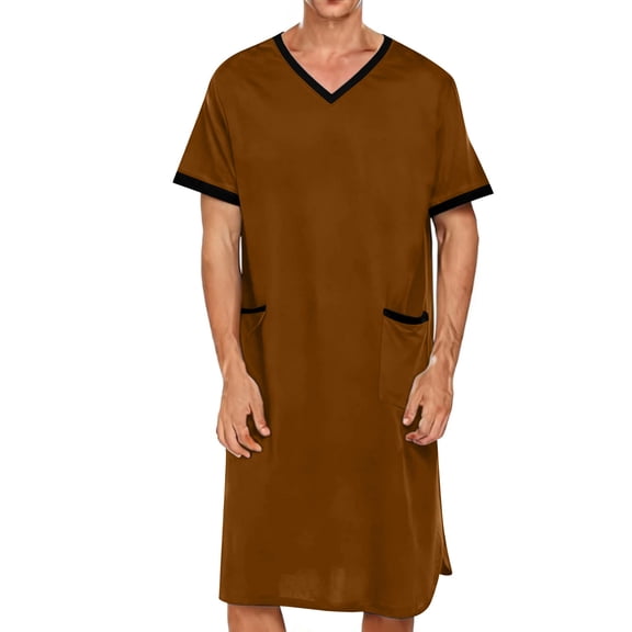 Men's Nightshirts Short Sleeve Soft V Neck Pajama Sleep Homewear with 2 Pockets Lounge Nightwear Loose Fit (XL, Brown)