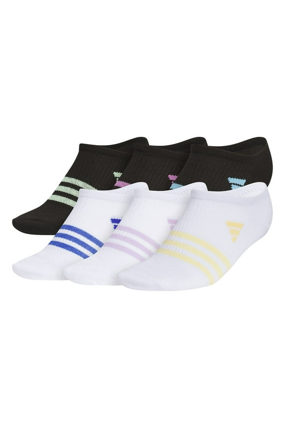 Girls adidas 6-Pack Superlite 3.0 No Show Socks Color: Black White Blue Size: MEDIUM
