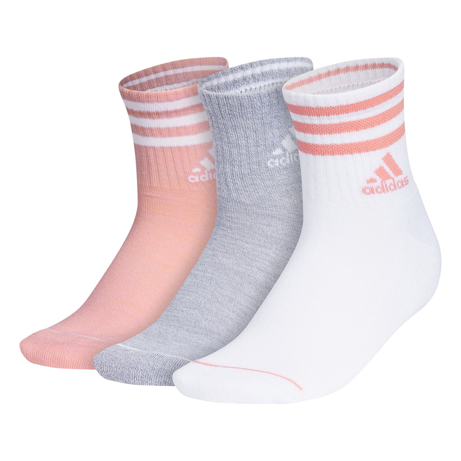 Women's adidas Cushioned 3-Stripe 3.0 High Quarter Socks 3-Pack Set Color: Pink Spark Size: 5-10