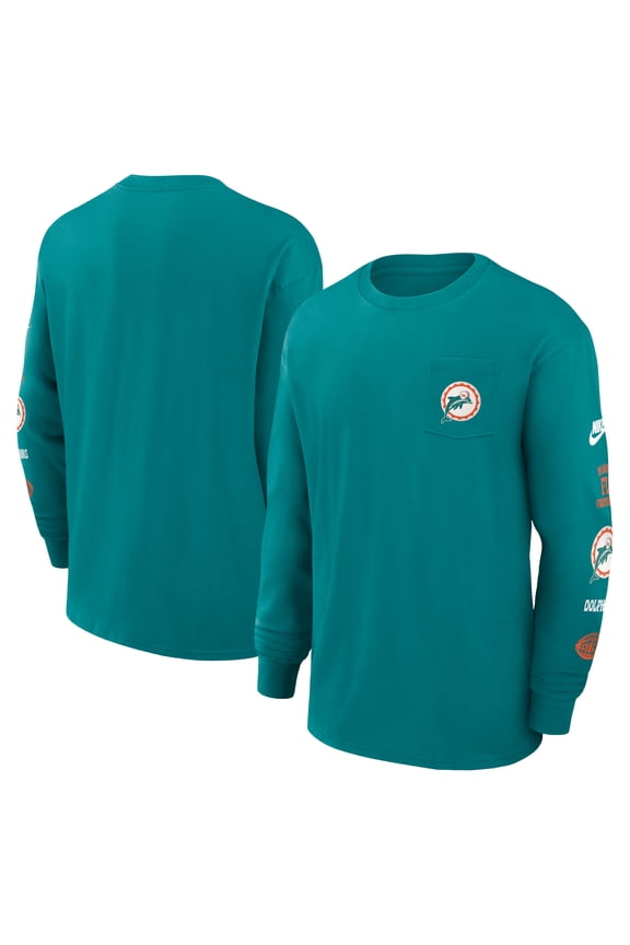 Men's Nike Aqua Miami Dolphins Rewind Heavy Max90 Pocket Long Sleeve T-Shirt