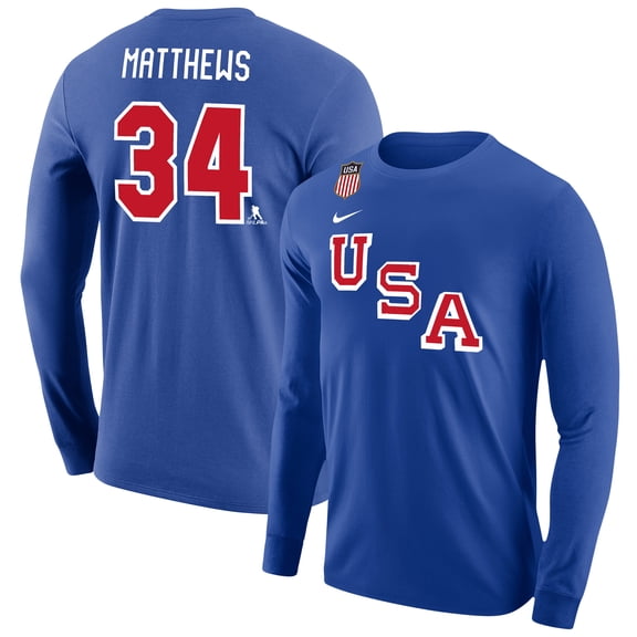 Men's Nike Auston Matthews Royal US Hockey 2026 Name & Number Long Sleeve T-Shirt