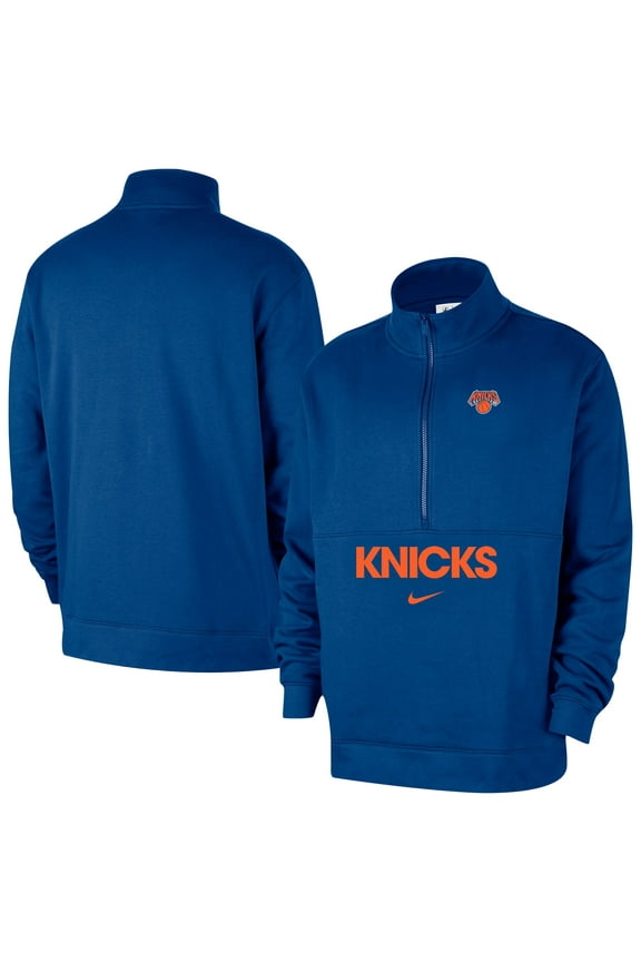 Men's-Nike Blue New York Knicks Courtside Club Half-Zip Jacket
