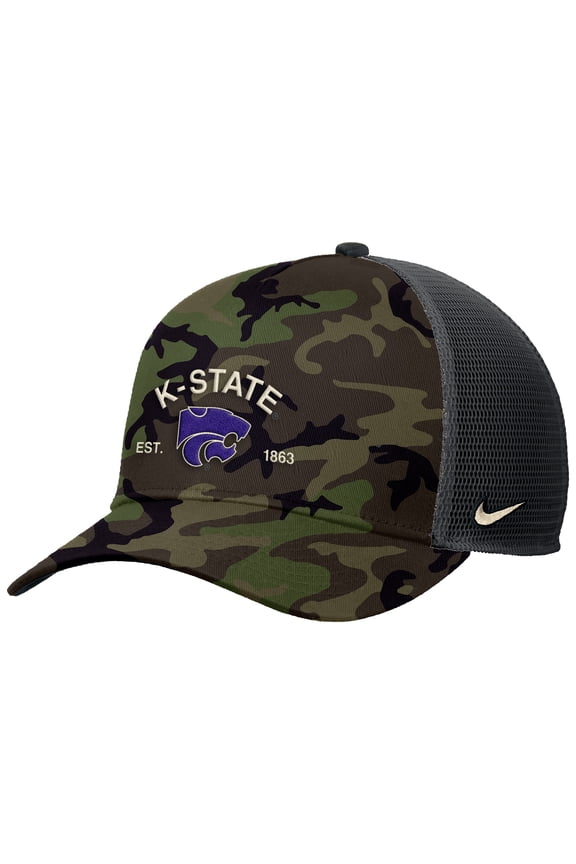 Men's Nike Camo Kansas State Wildcats 2025 Military Appreciation Rise Adjustable Trucker Hat