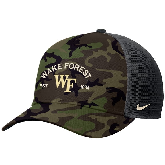 Men's Nike Camo Wake Forest Demon Deacons 2025 Military Appreciation Rise Adjustable Trucker Hat