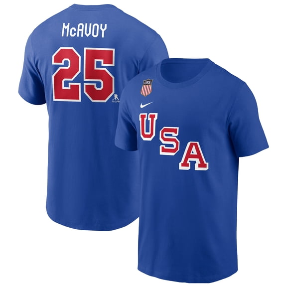 Men's Nike Charlie McAvoy Royal US Hockey 2026 Name & Number T-Shirt