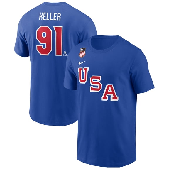 Men's Nike Clayton Keller Royal USA Hockey 2026 Name & Number T-Shirt