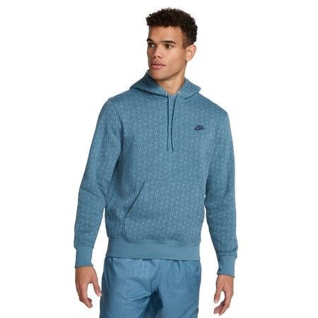 Men's Nike Club Pull-Over Fleece Hoodie All Over Monogram Print Color: Smokey Blue Size: XXL