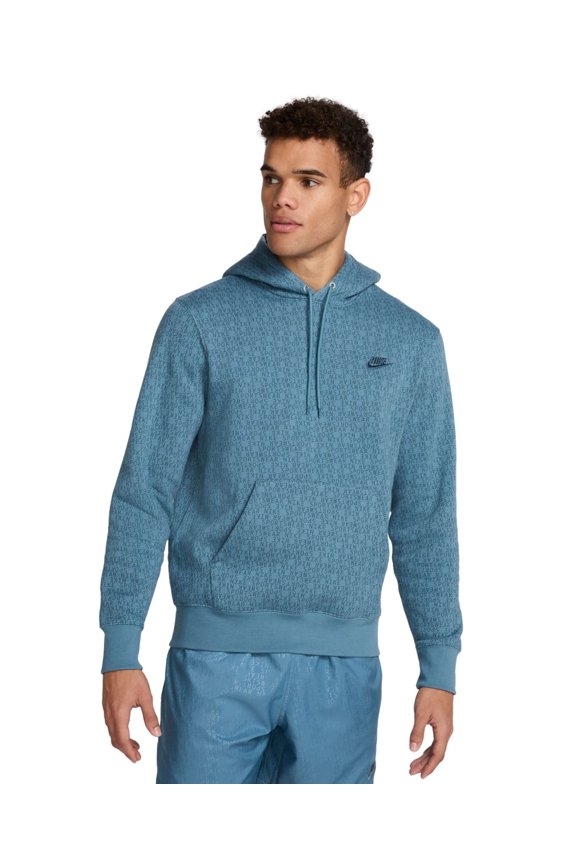 Men's Nike Club Pull-Over Fleece Hoodie All Over Monogram Print Color: Smokey Blue Size: XXL