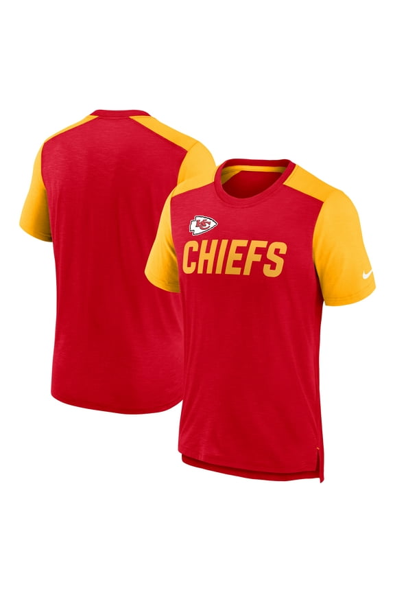 Men's Nike Heathered Red/Heathered Gold Kansas City Chiefs Color Block Team Name T-Shirt
