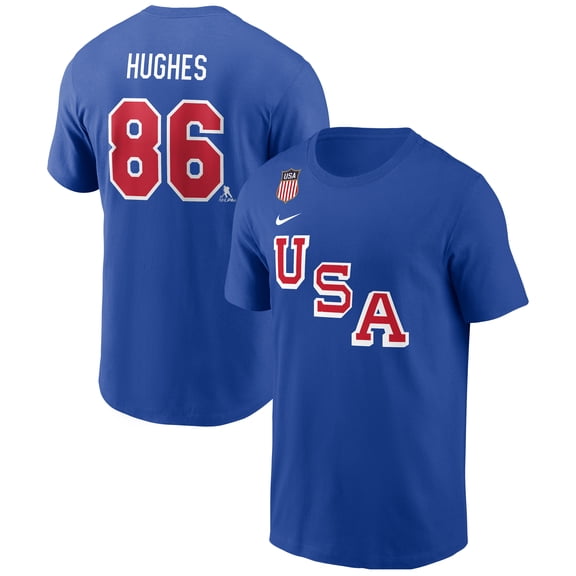 Men's Nike Jack Hughes Royal USA Hockey 2026 Name & Number T-Shirt