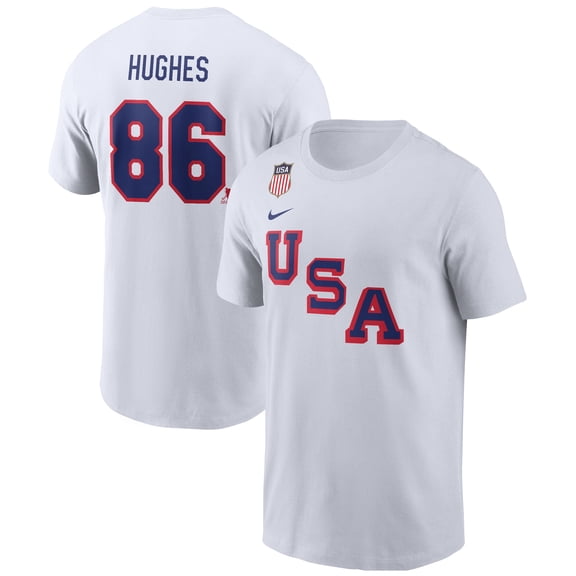 Men's Nike Jack Hughes White USA Hockey 2026 Name & Number T-Shirt