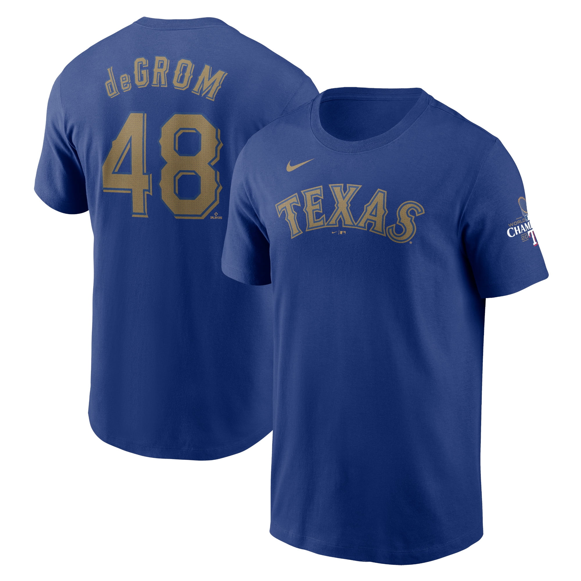 Men's Nike Jacob deGrom Royal Texas Rangers 2024 Gold Collection Name
