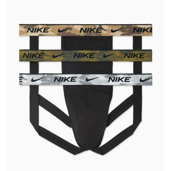 Men's Nike KE1188 Essential Cotton Stretch Jockstrap - 3 Pack (Black/Camo/Khaki XL)