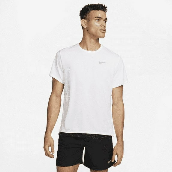 Men's Nike Miler Dri-FIT UV Short Sleeve Running Top Color: White Reflective Silve Size: M