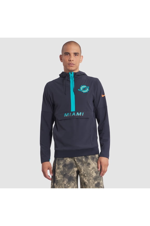 Men's Nike Pitch Blue Miami Dolphins 2025 Rivalries Collection Sideline Anorak Half-Zip Hoodie Jacket