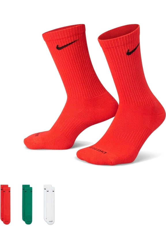 Men's Nike Socks Everyday Plus Cushioned Training 3-pack Crew Sock - Size 8-12 Color: Red Green White