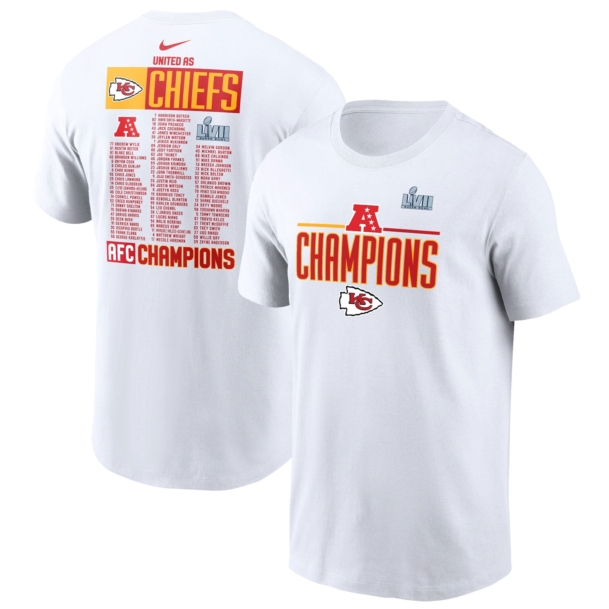 Men's Nike White Kansas City Chiefs 2022 AFC Champions Roster T-Shirt ...