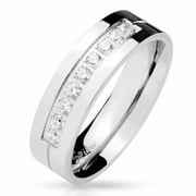 LA NY JEWELRY Men's Nine Clear Round CZs Set Center 316 Stainless Steel Wedding Band Ring - Size 9