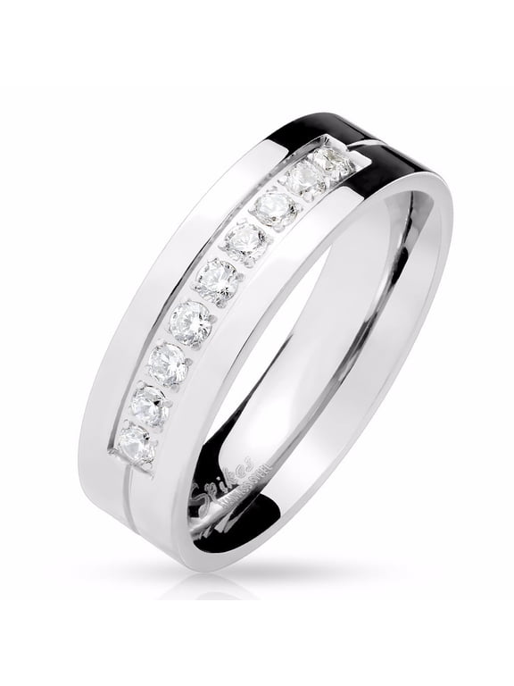Men's Nine Clear Round CZs Set Center 316 Stainless Steel Wedding Band Ring - Size 9
