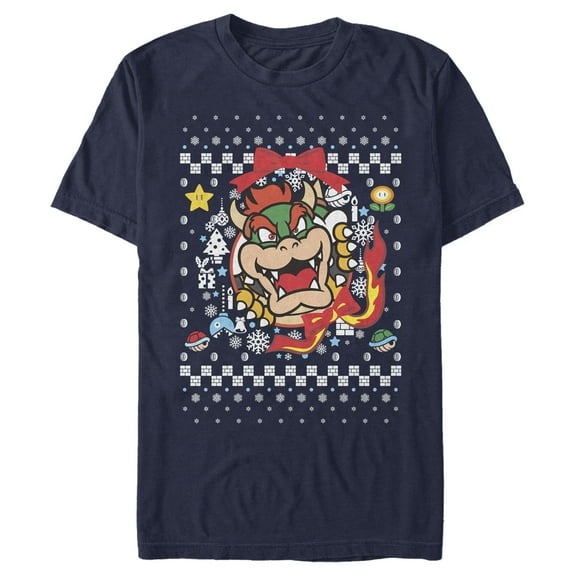 Men's Nintendo Christmas Bowser Wreath  Graphic Tee Navy Blue X Large