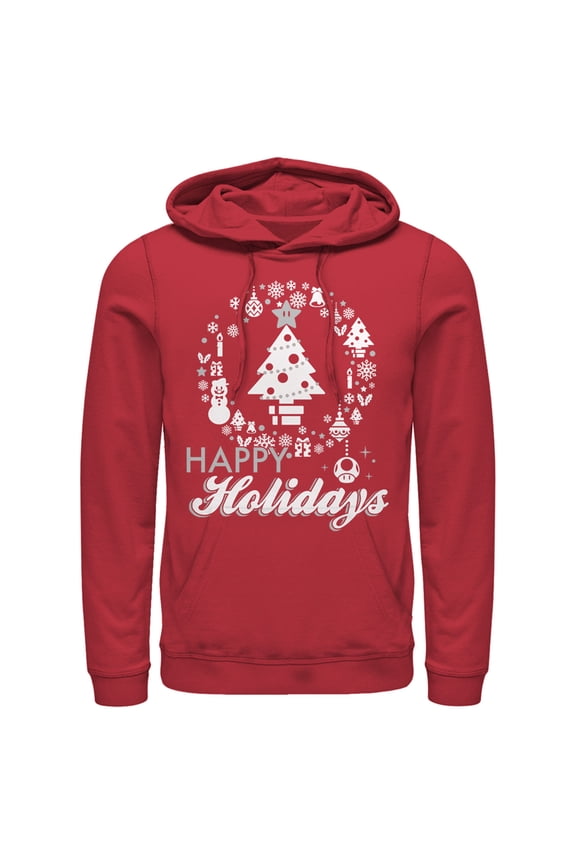 Men's Nintendo Christmas Happy Holidays Tree Pull Over Hoodie Red Small