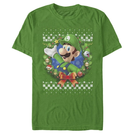 Men's Nintendo Christmas Luigi Wreath Graphic Tee Kelly Green Medium