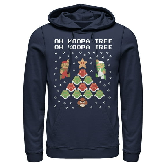 Men's Nintendo Christmas Mario Bros. Koopa Tree Pull Over Hoodie Navy Blue 3X Large