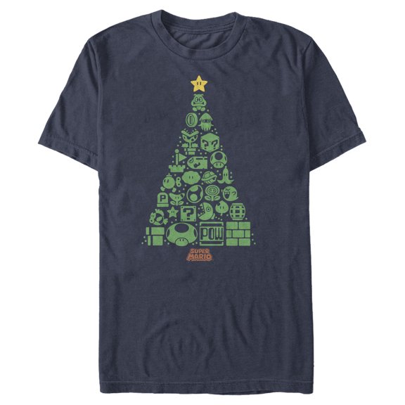 Men's Nintendo Christmas Tree Mosaic Graphic Tee Navy Blue Large