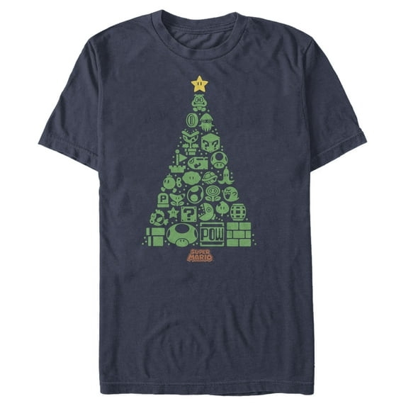Men's Nintendo Christmas Tree Mosaic Graphic Tee Navy Blue Medium