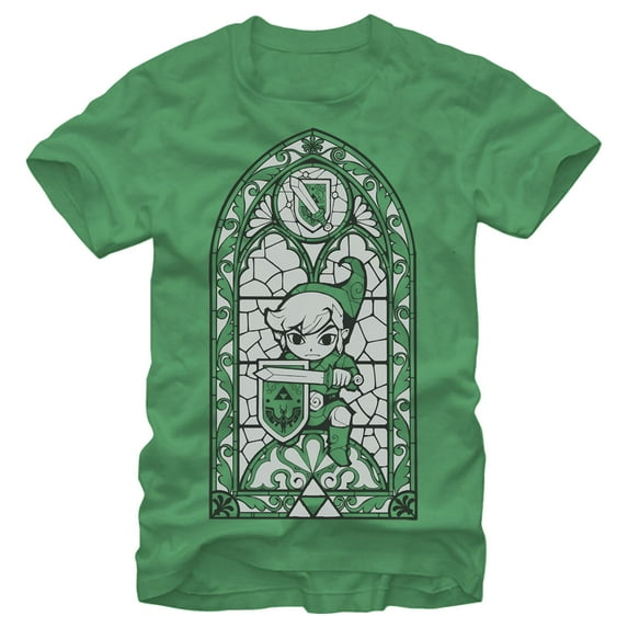 Men's Nintendo Legend of Zelda Grayscale Stained Glass Graphic Tee Kelly Green 2X Large