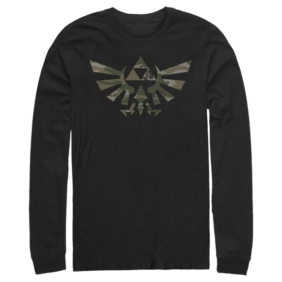 Men's Nintendo Legend of Zelda Triforce Camouflage Print Long Sleeve Shirt Black Large