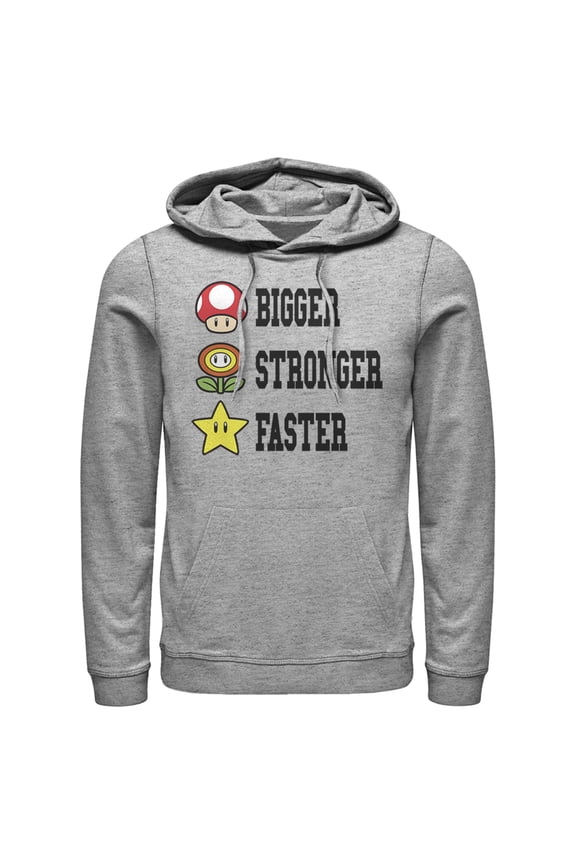 Men's Nintendo Mario Bigger Stronger Faster Pull Over Hoodie Athletic Heather 3X Large