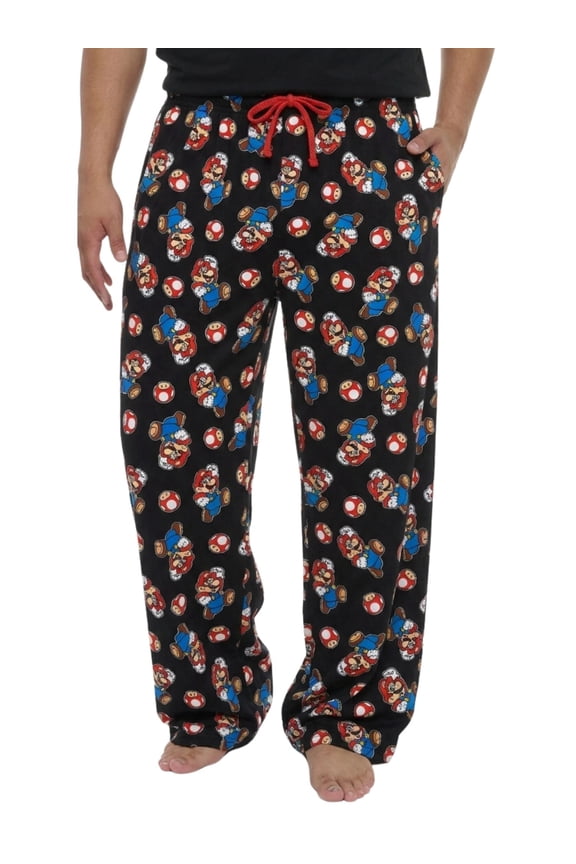 Men's Super Mario & Mushroom All-Over Print Pajama Sleep Pants, Black