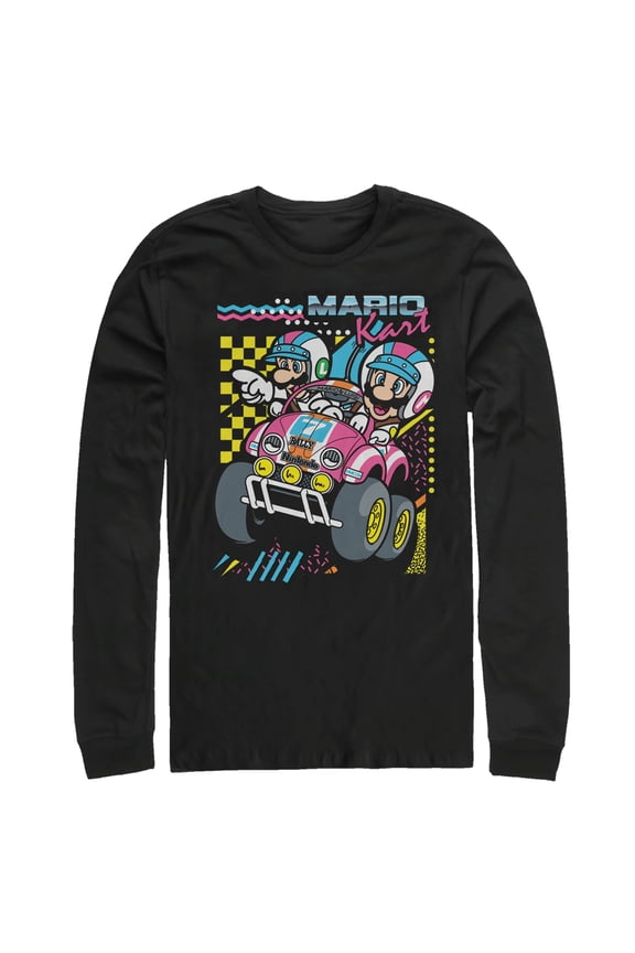 Men's Nintendo Mario Kart 90's Art Long Sleeve Shirt Black Medium