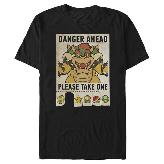 Men's Nintendo Mario Kart Bowser Danger Ahead Please Take One Graphic Tee Black 2X Large