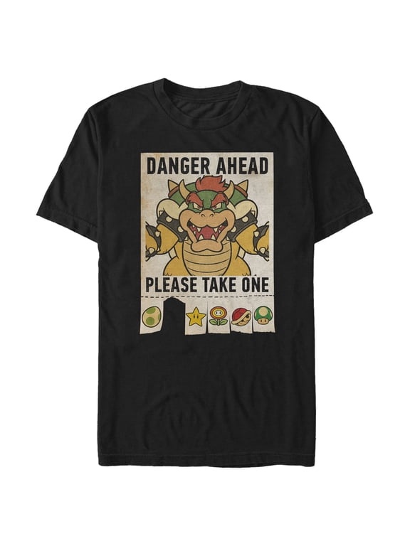 Men's Nintendo Mario Kart Bowser Danger Ahead Please Take One Graphic Tee Black 2X Large