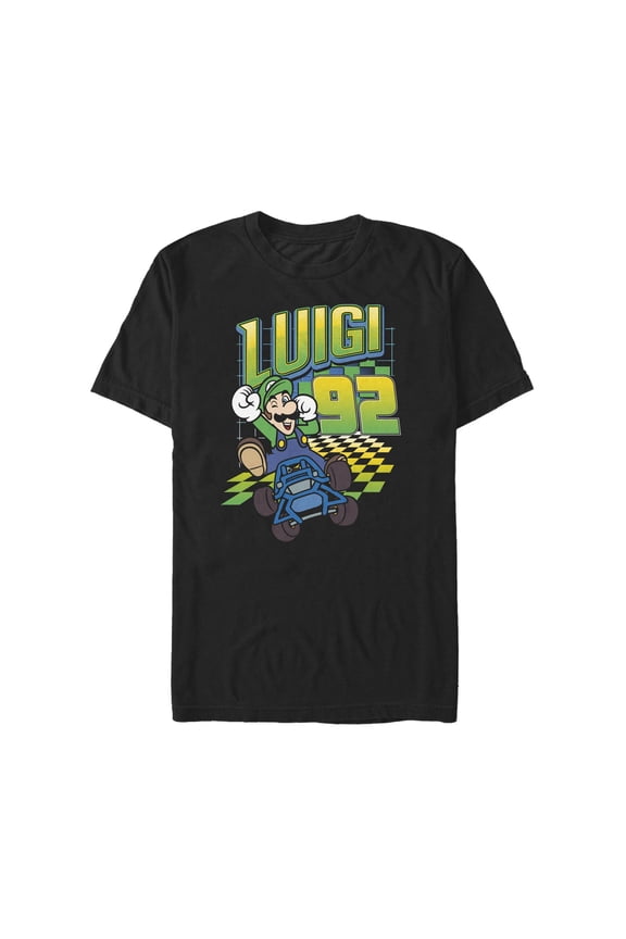 Men's Nintendo Mario Kart Luigi Neon Checkered 9Logo Graphic Tee Black Small