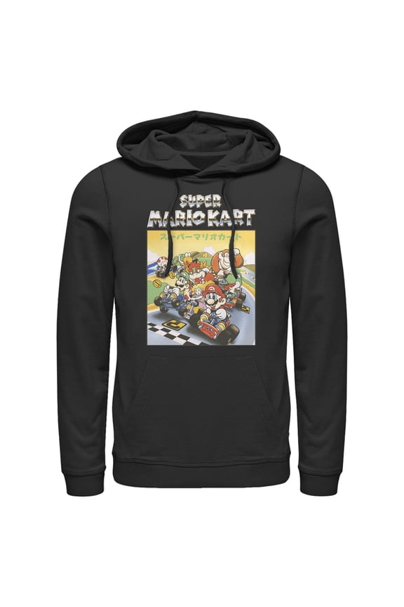 Men's Nintendo Mario Kart Retro Chrome Logo Group Shot  Pull Over Hoodie Black Small