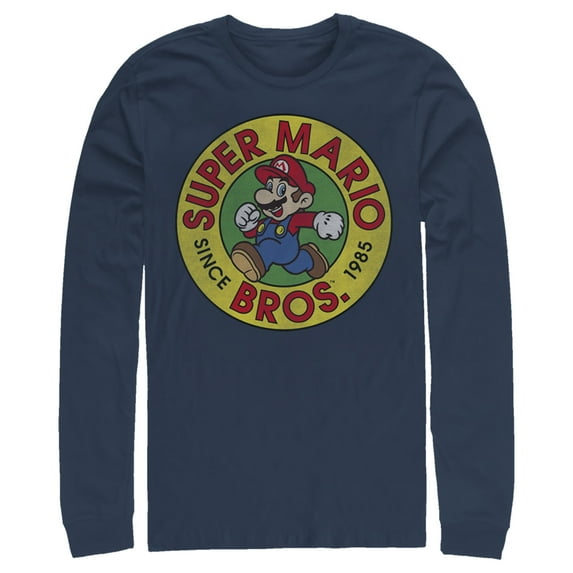 Men's Nintendo Mario Walk Circle 1985 Long Sleeve Shirt Navy Blue Large