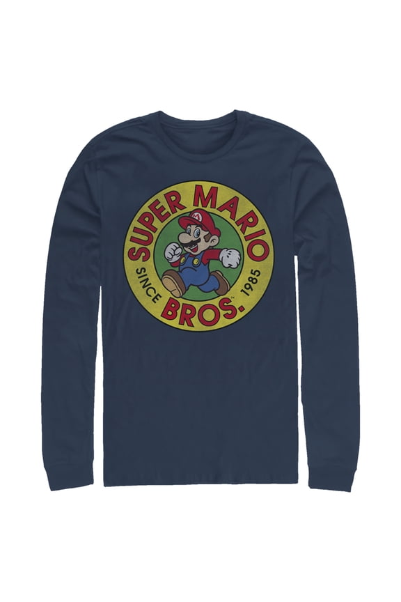 Men's Nintendo Mario Walk Circle 1985 Long Sleeve Shirt Navy Blue X Large