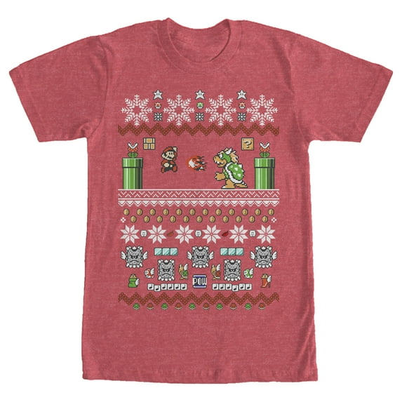 Men's Nintendo Mario and Bowser Ugly Christmas Sweater Graphic Tee Red Heather Small