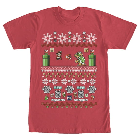 Men's Nintendo Mario and Bowser Ugly Christmas Sweater Graphic Tee Red X Large