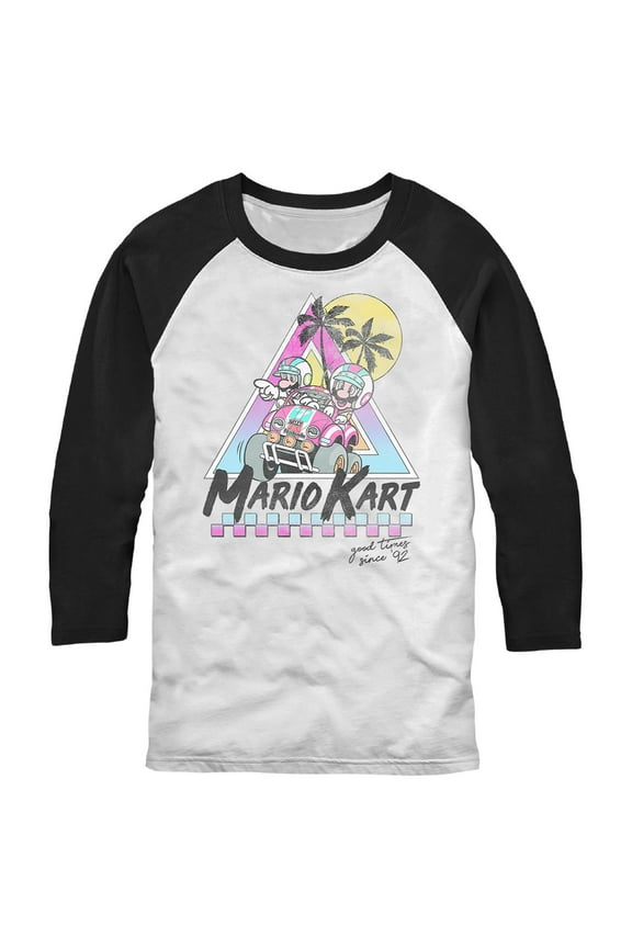 Men's Nintendo Mario and Luigi Retro Beach Race Baseball Graphic Tee White/Black Large
