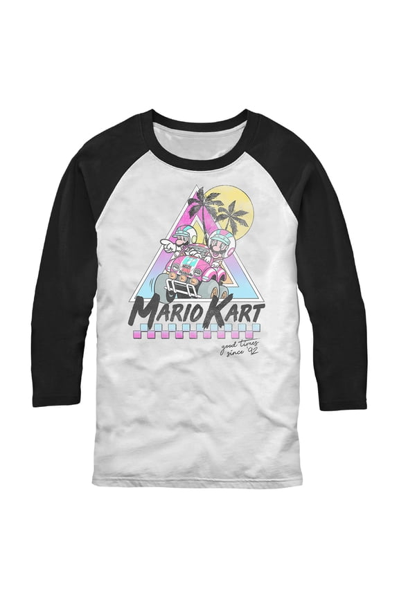 Men's Nintendo Mario and Luigi Retro Beach Race Baseball Graphic Tee White/Black Small