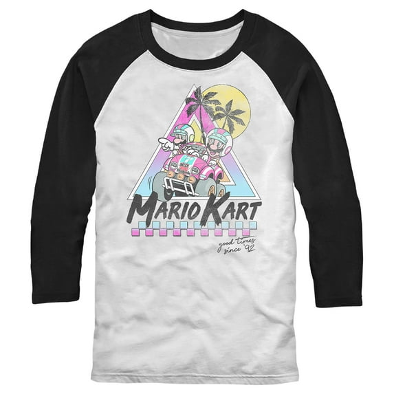 Men's Nintendo Mario and Luigi Retro Beach Race Baseball Graphic Tee White/Black X Large